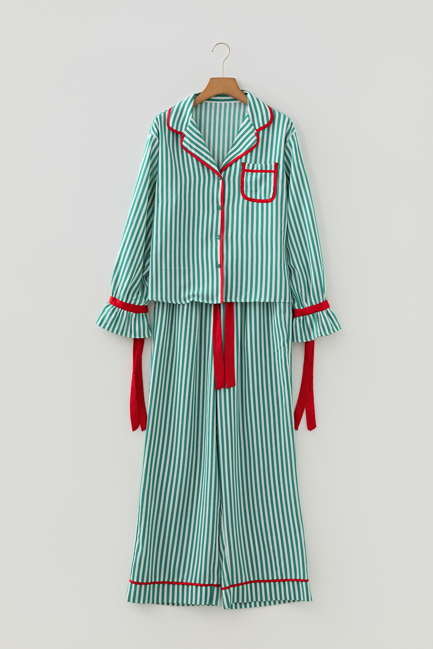 Red Stripe Contrast Velvet Trim Bow Knot Waist 2pcs Pajama Set - loveforevers