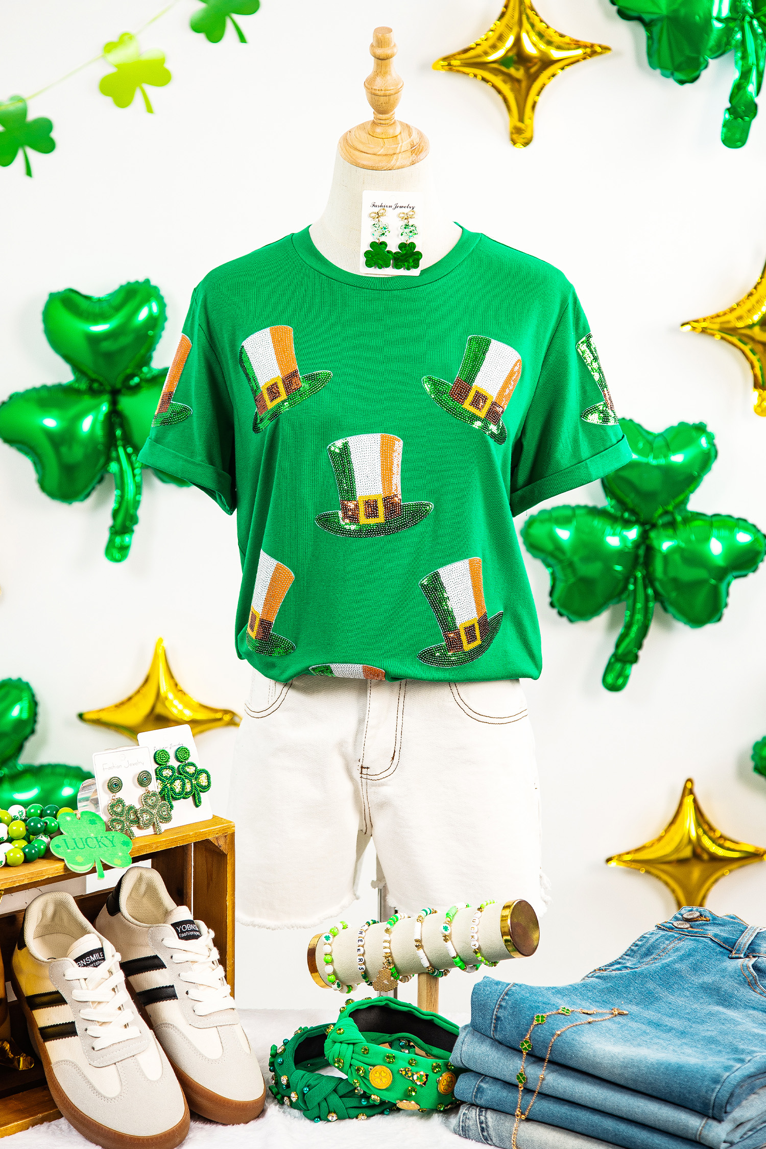 Bright Green Sequin St Patricks Day Hat Relaxed T Shirt - loveforevers