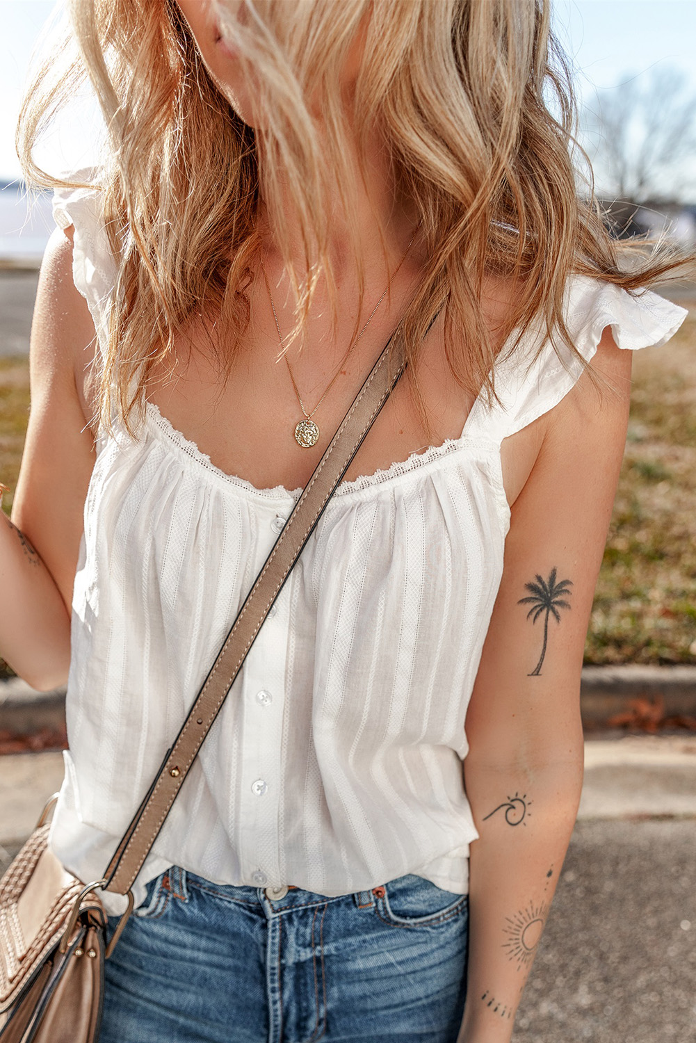 White Lace Crochet Ruffled Buttoned Loose Fit Tank Top - loveforevers