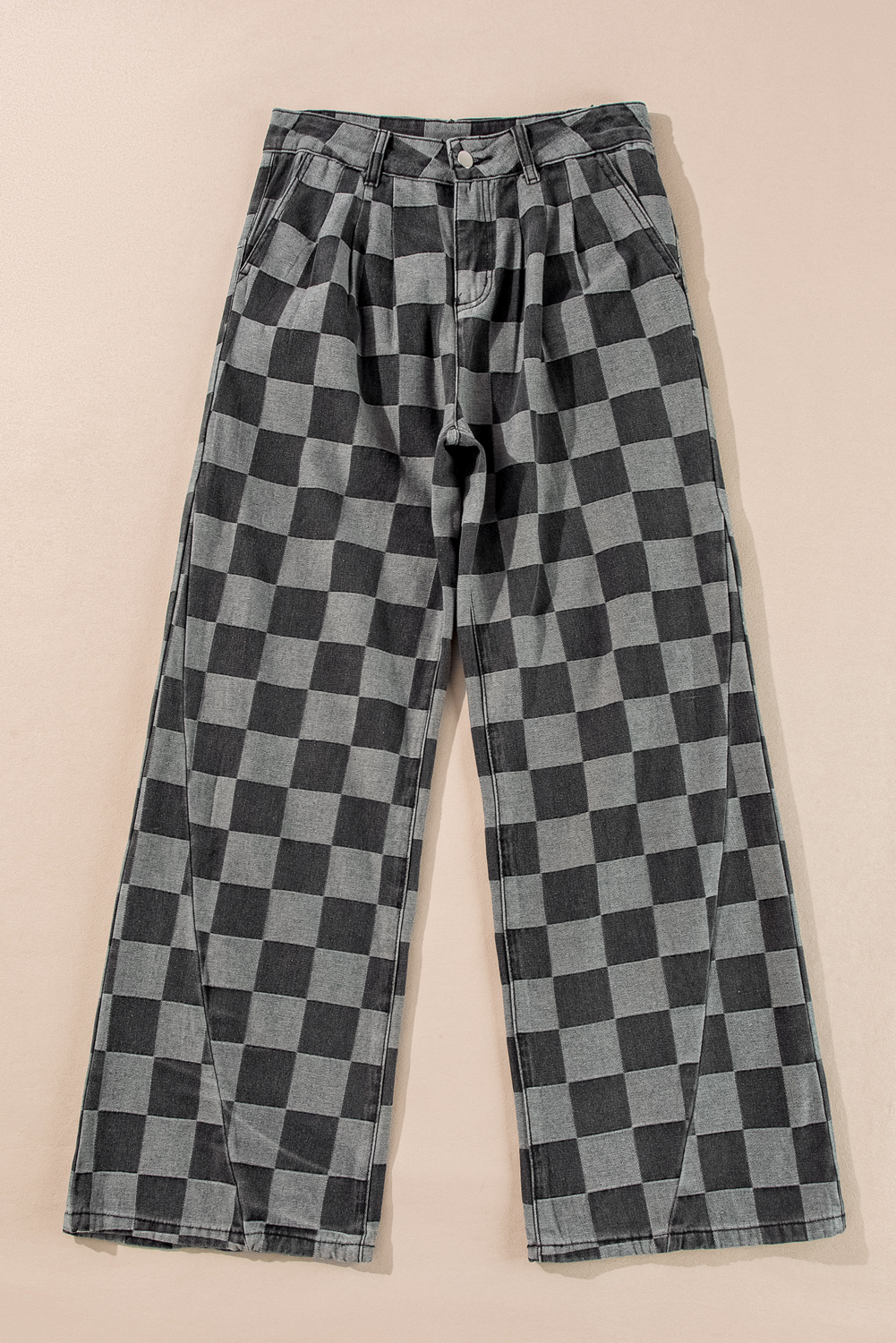 Dark Grey Checkered Denim Wide Leg Jeans - loveforevers