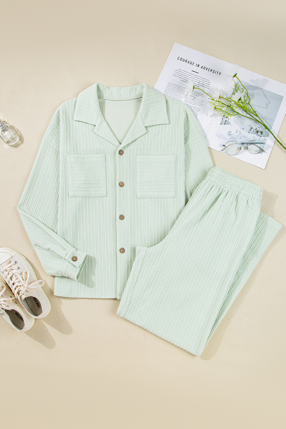 Clearly Aqua Textured Patched Chest Pocket Shirt and Pants Set - loveforevers