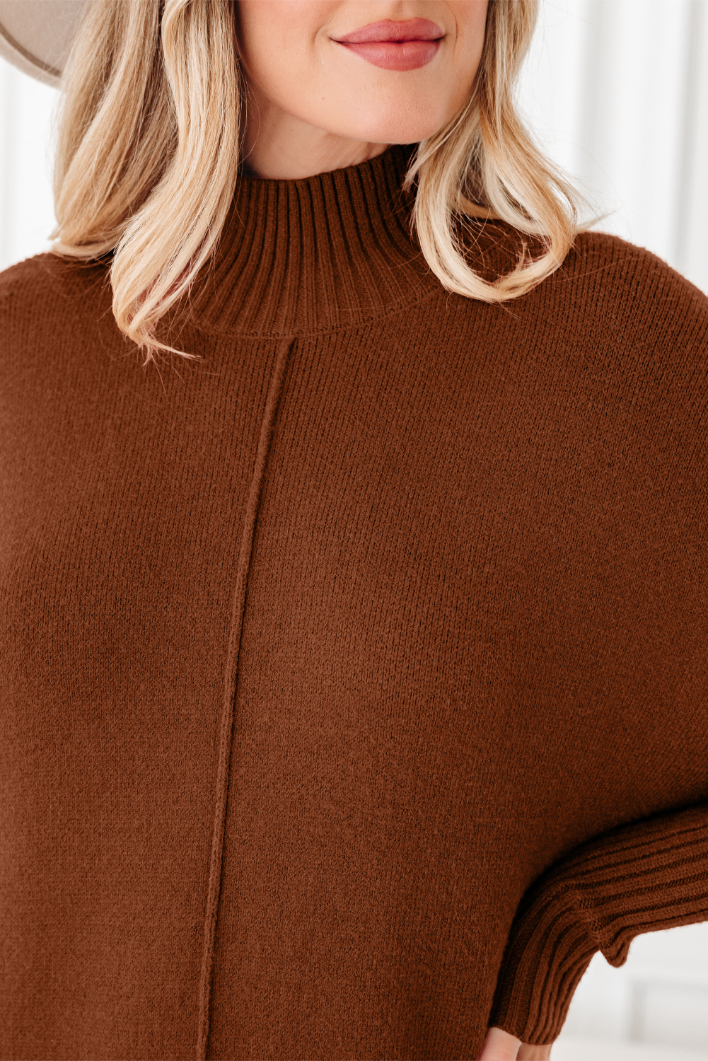 Fiery Red Ribbed High Neck Front Pockets Center Seam Shift Sweater Dress - loveforevers
