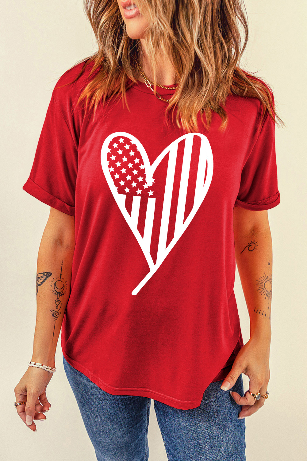 Red USA Flag Heart Shape Crewneck Graphic T Shirt - loveforevers