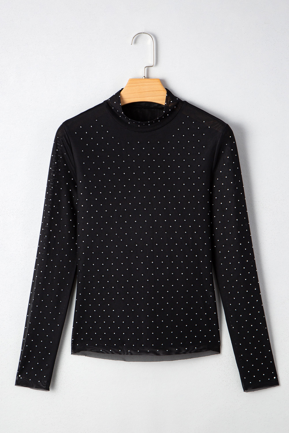 Black Rhinestone Embellished Mesh Long Sleeve Top - loveforevers