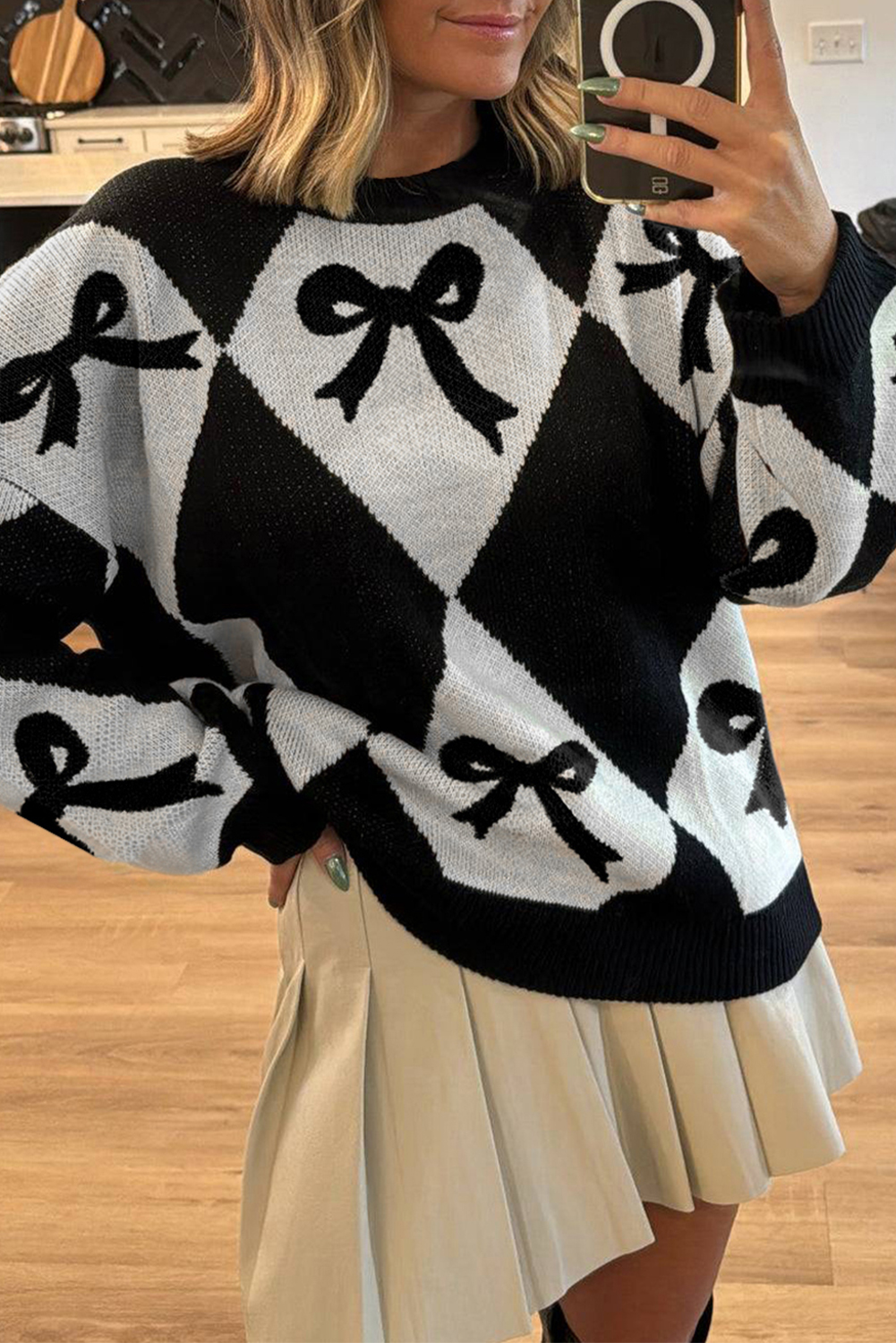 Black Bow Print 2-tone Rhombus Knit Loose Sweater - loveforevers