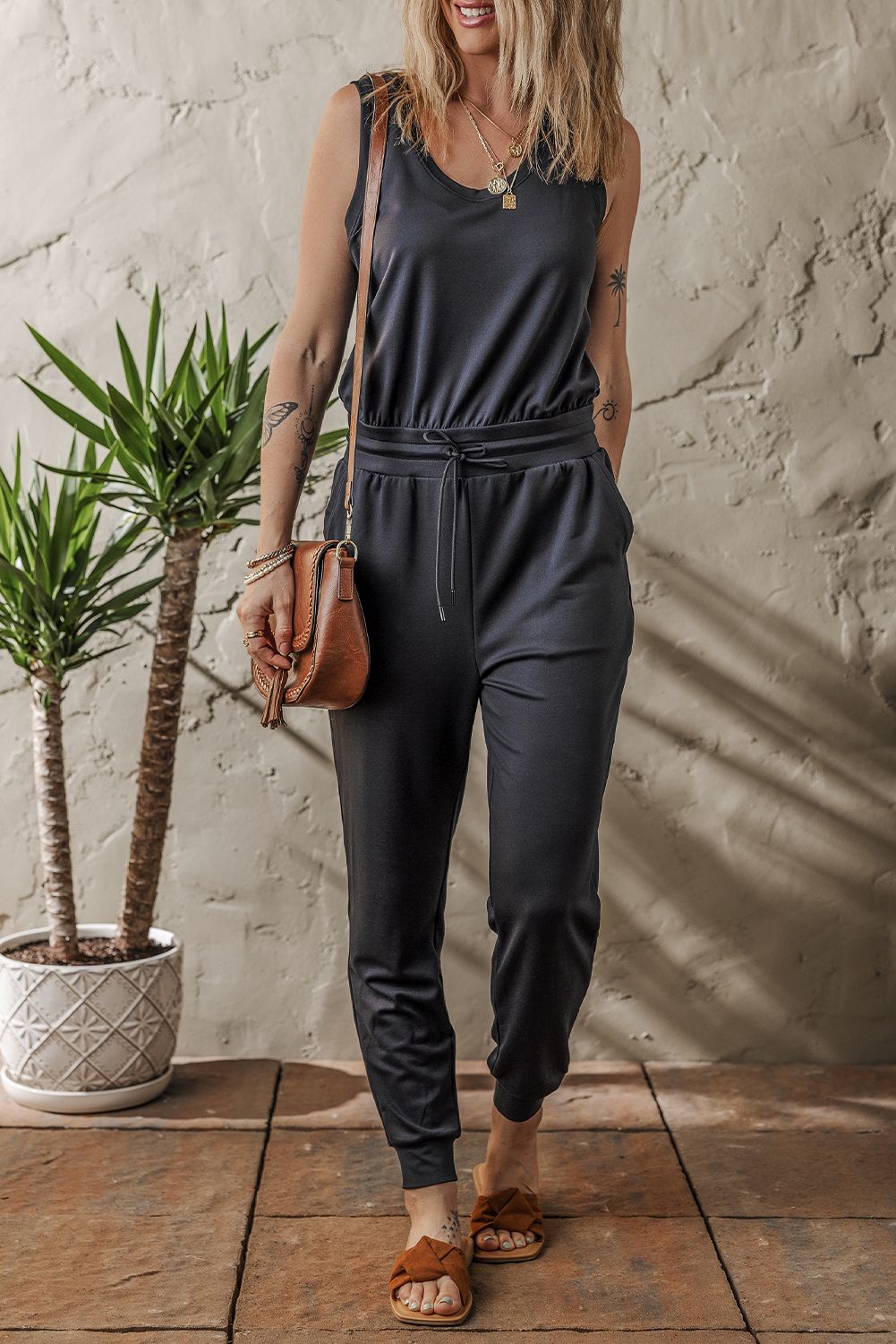 Black Casual Tank Style Tie Waist Pocketed Jogger Jumpsuit - loveforevers
