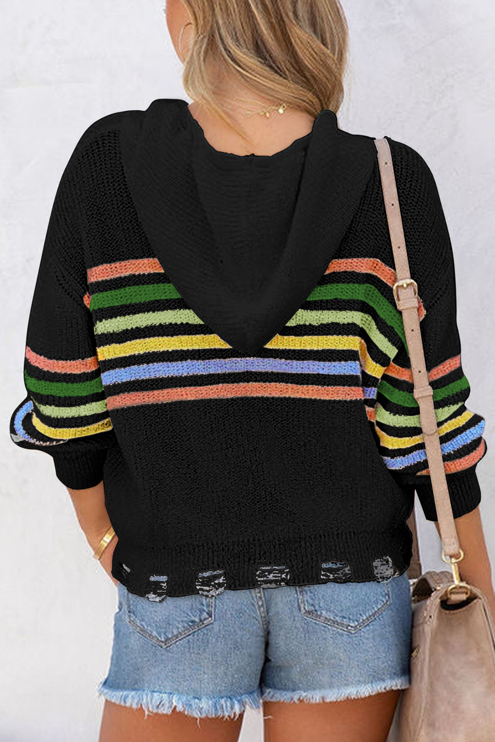 Black Striped Detail Zip Up Hooded Sweater Cardigan - loveforevers