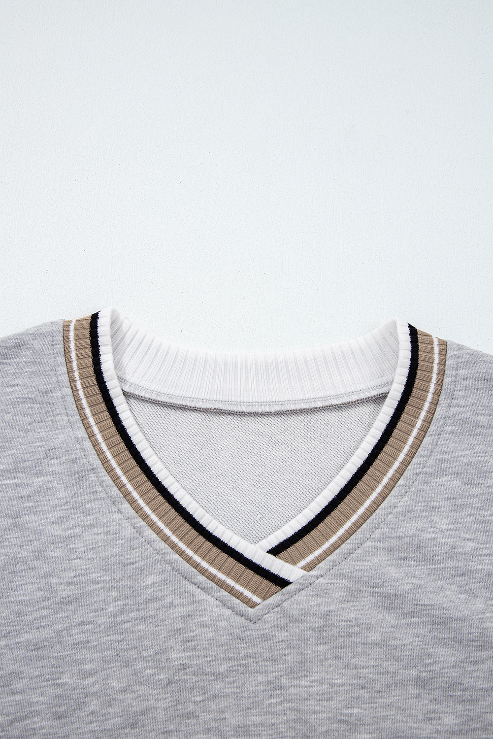 Gray Varsity Contrast Striped Trim V Neck Sweatshirt - loveforevers