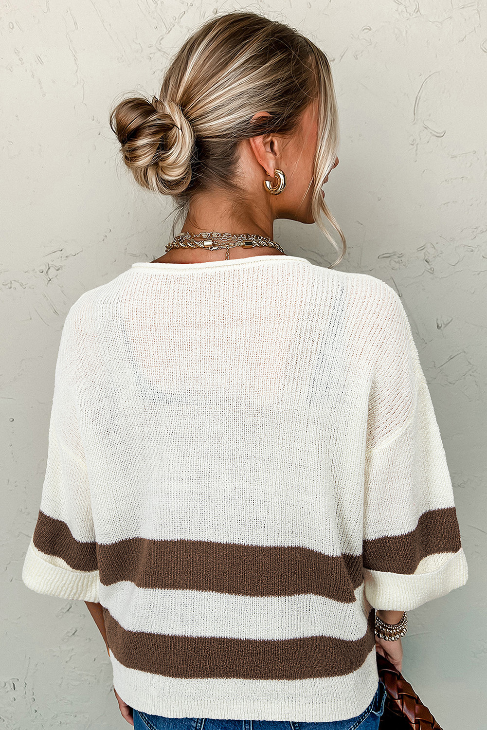 Brown Striped Accent Notched V Neck Cropped Sweater T Shirt - loveforevers