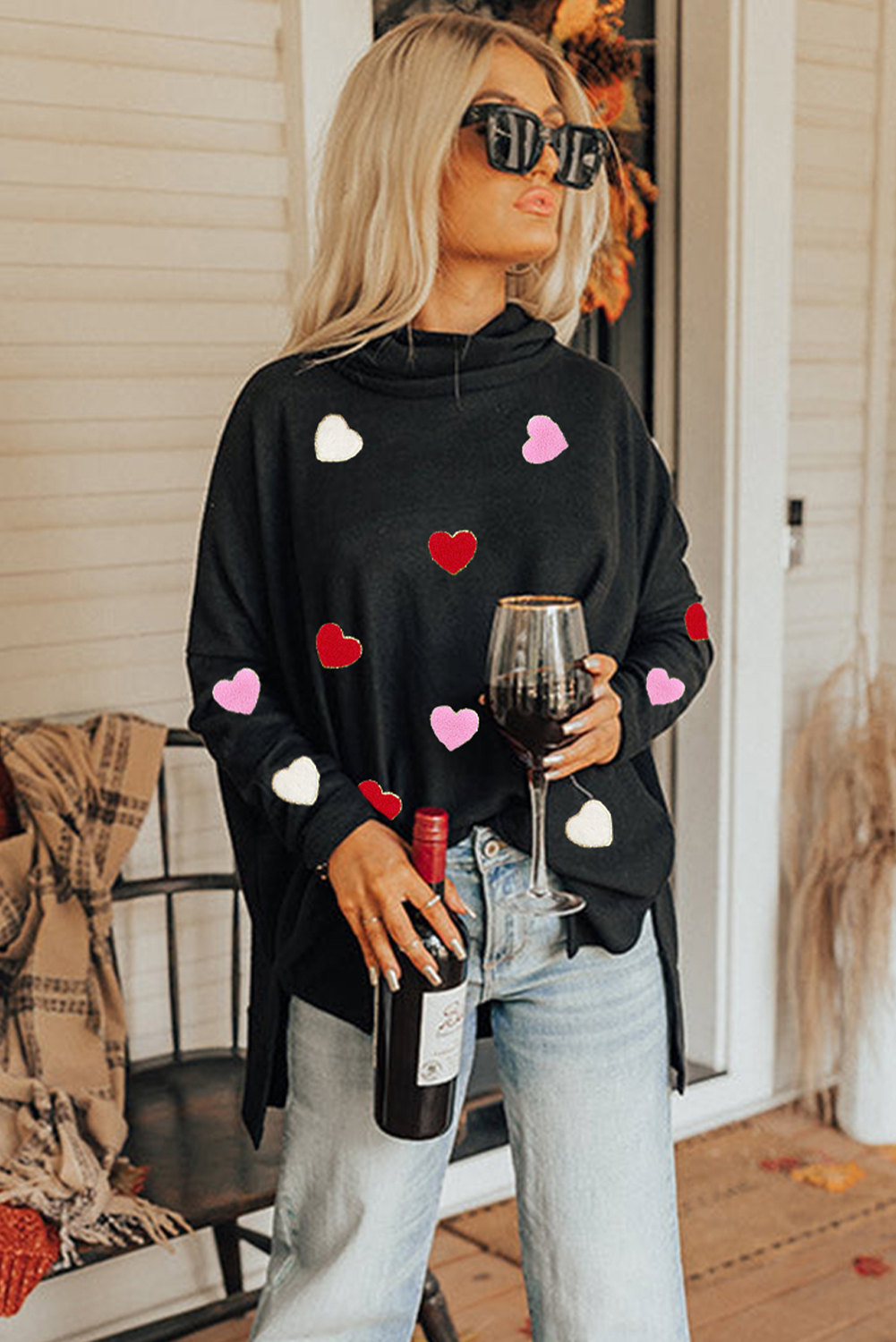 Black Valentines Chenille Heart Patched Dolman Sleeve High Neck Split Top - loveforevers