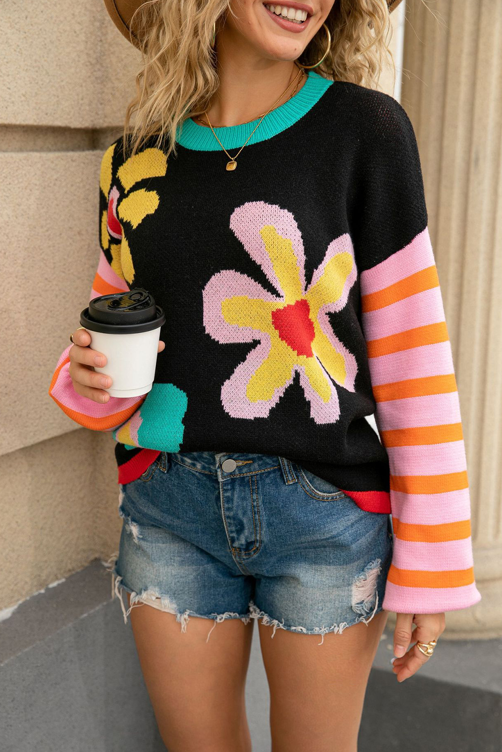 Apricot Cute Flower Pattern Striped Sleeve Sweater - loveforevers