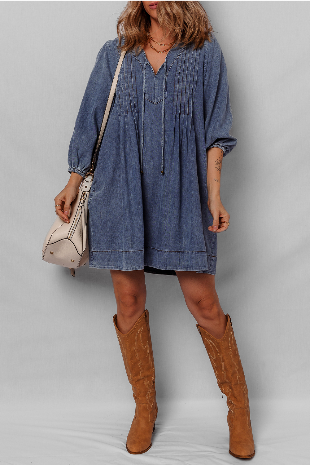 Sail Blue 3/4 Sleeve Tied V Neck Pleated Denim Mini Dress - loveforevers