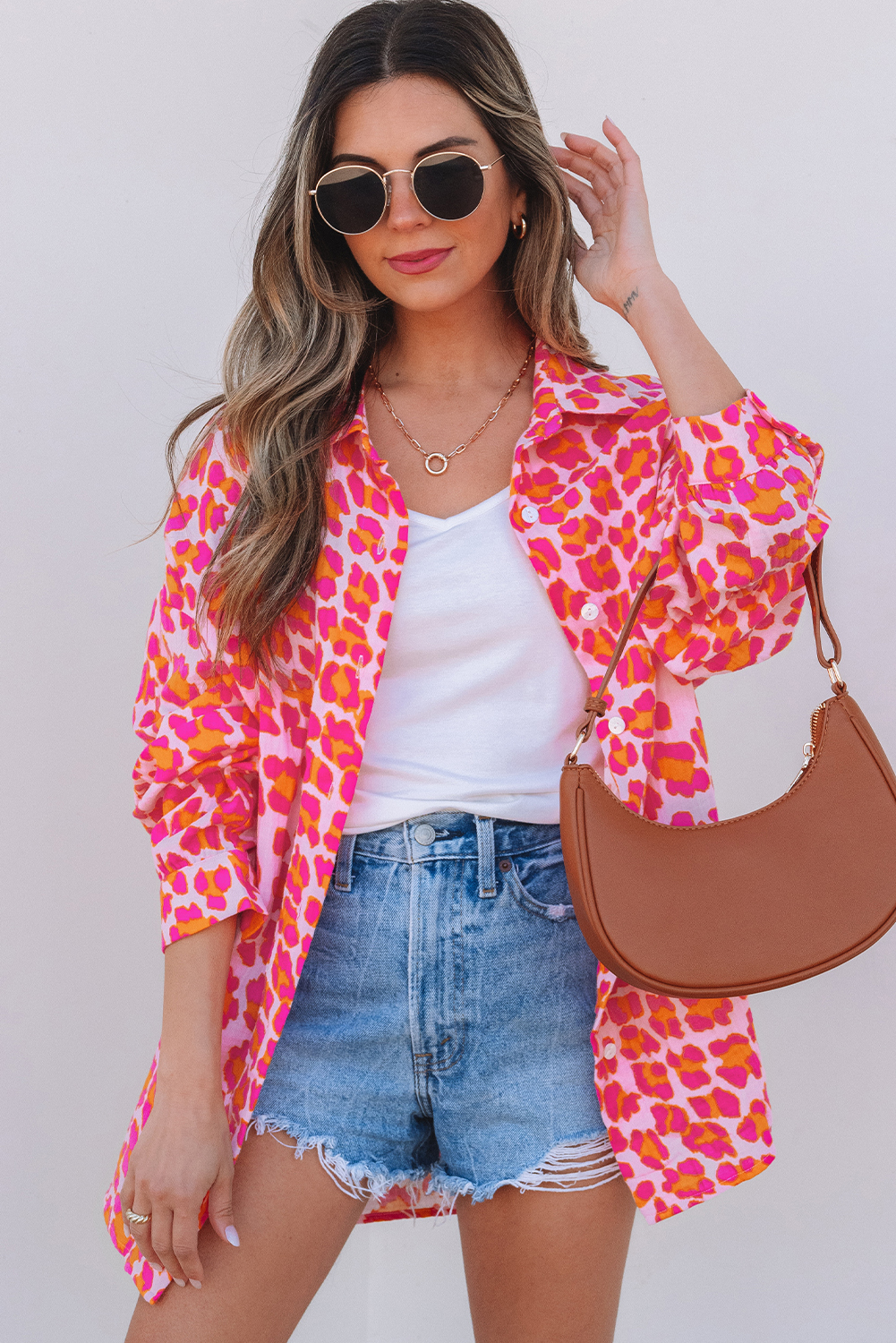 Rose Leopard Printed Button Up Loose Shirt - loveforevers