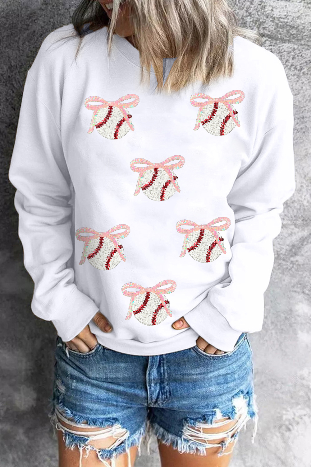 White Sequin Bow Baseball Patched Casual Sweatshirt - loveforevers