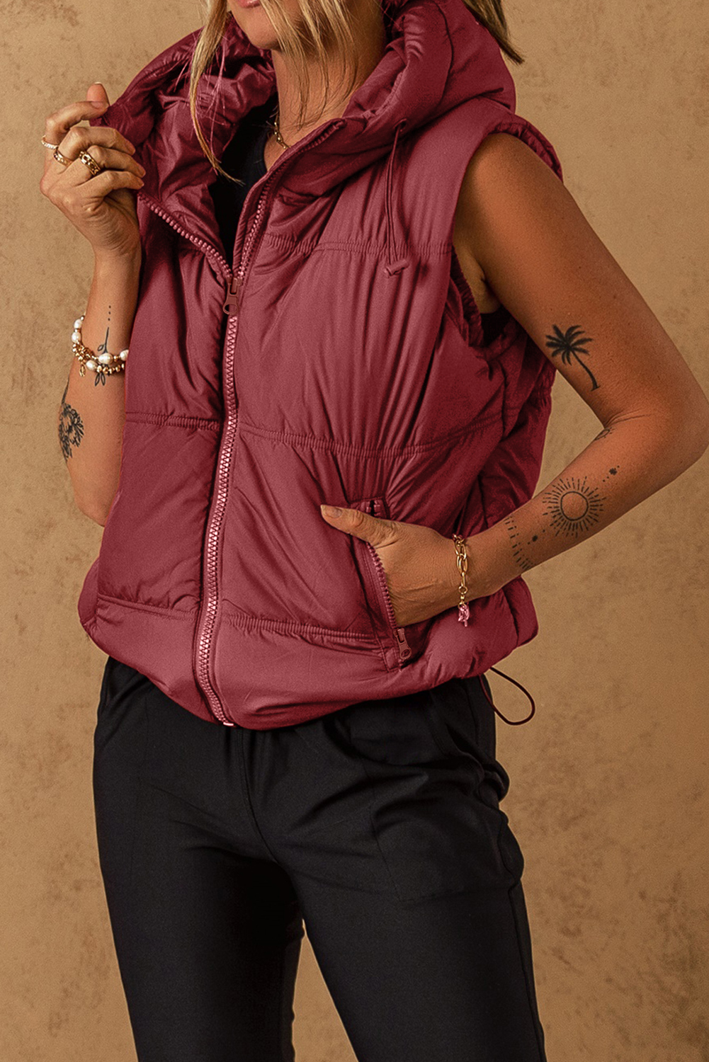 Clay Zip-up Side Pockets Hooded Puffer Vest - loveforevers