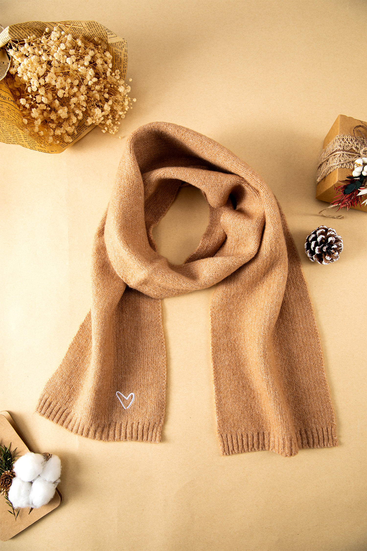 Thai Curry Tiny Heart Embroidered Detail Ribbed Trim Warm Knit Scarf - loveforevers