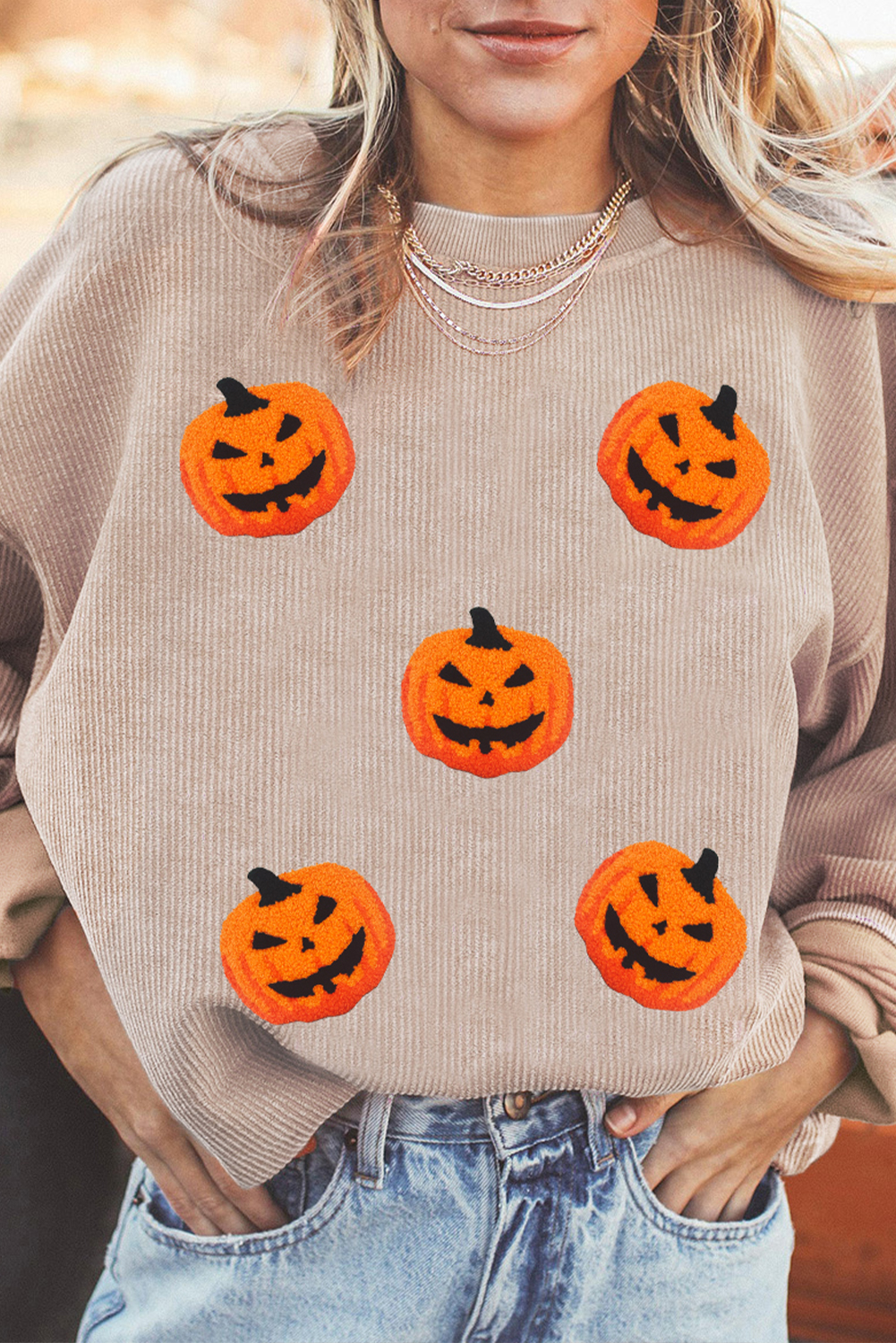 Apricot Twisted Rib Texture Chenille Halloween Pumpkin Patched Drop Shoulder Sweatshirt - loveforevers