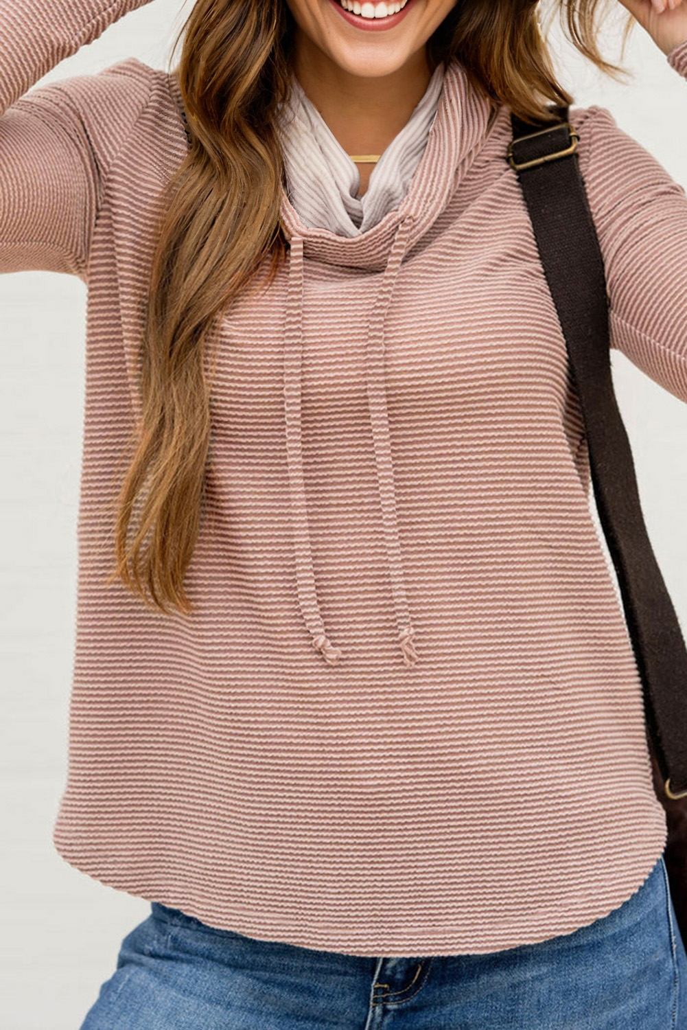 Pale Chestnut Horizontal Twist Ribbed Drawstring Cowl Neck Knit Top - loveforevers