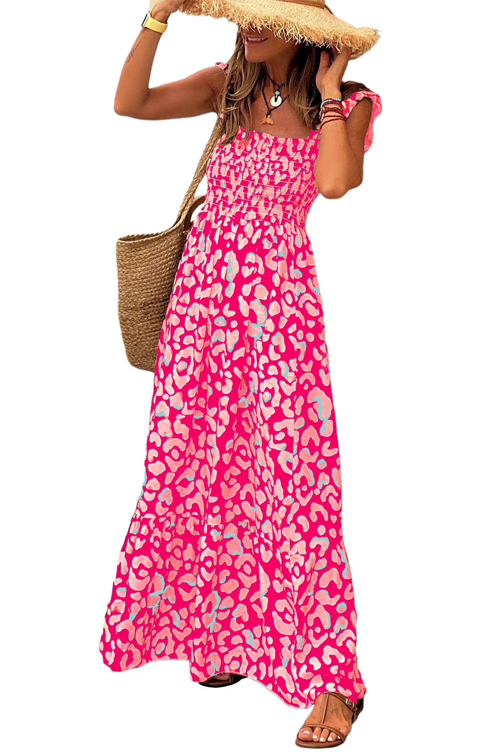 Pink Leopard Ruffle Straps Smocked High Waist Long Dress - loveforevers