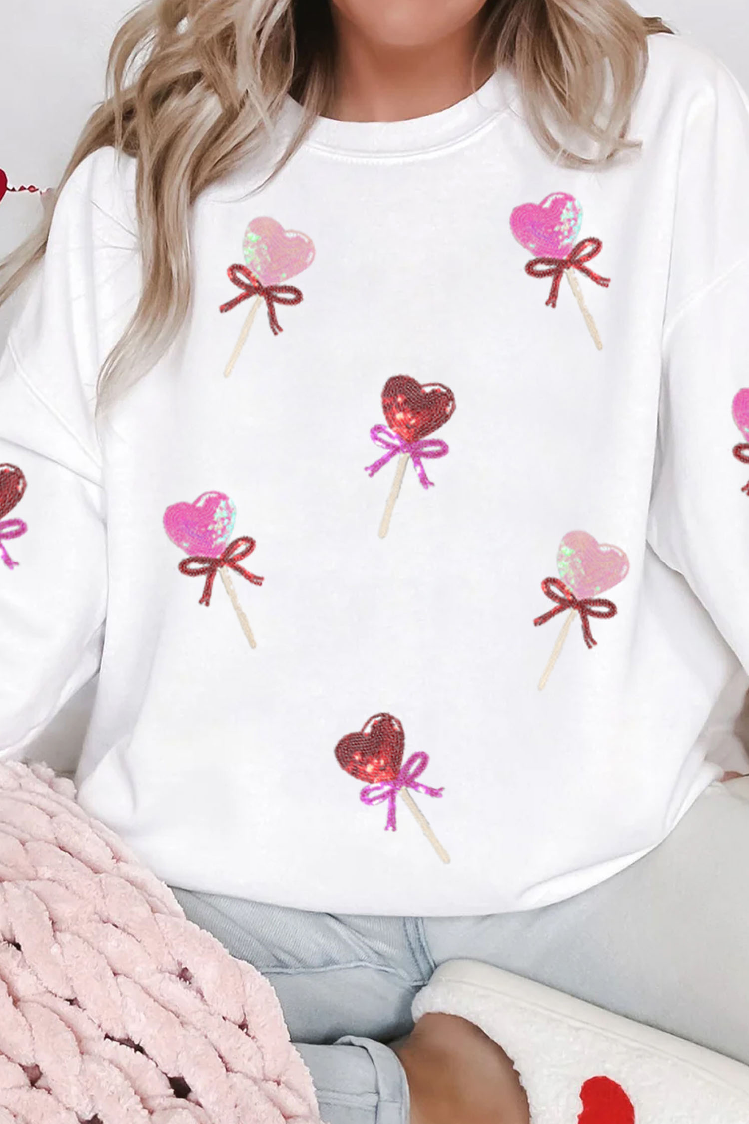 White Sequin Bow Heart Shape Lolly Valentines Day Graphic Sweatshirt - loveforevers