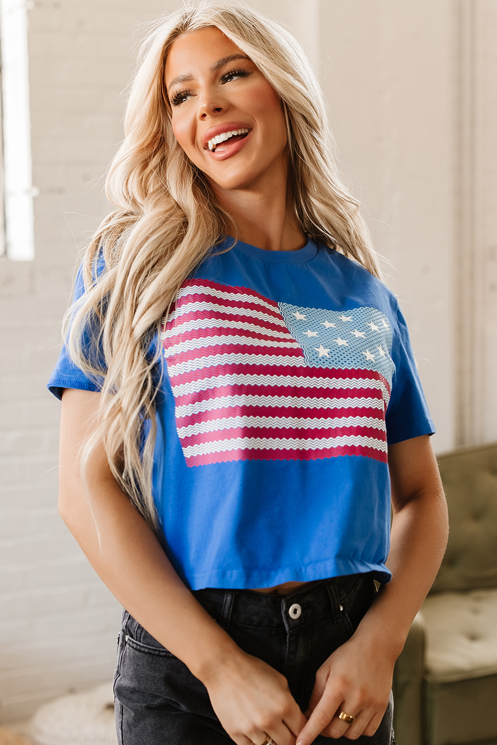 Real Teal American Flag Pattern Crewneck Tee - loveforevers