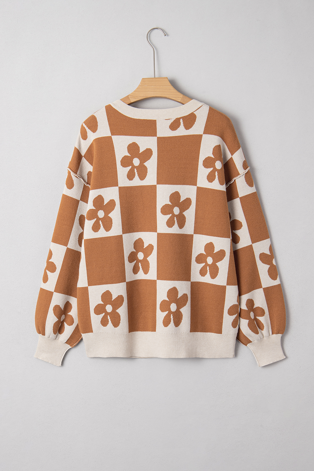 Black Flower Plaid Henley Baggy Sweater - loveforevers
