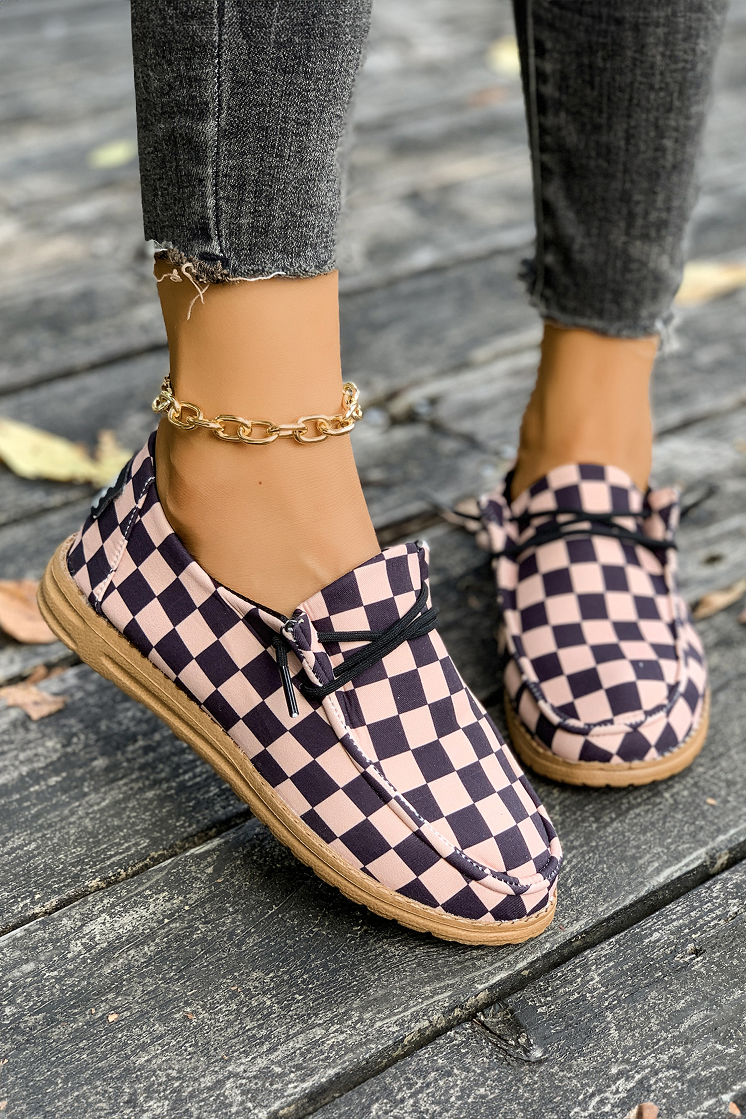 Dark Brown Checkered Print PU Leather Lace Up Detail Flat Shoes - loveforevers