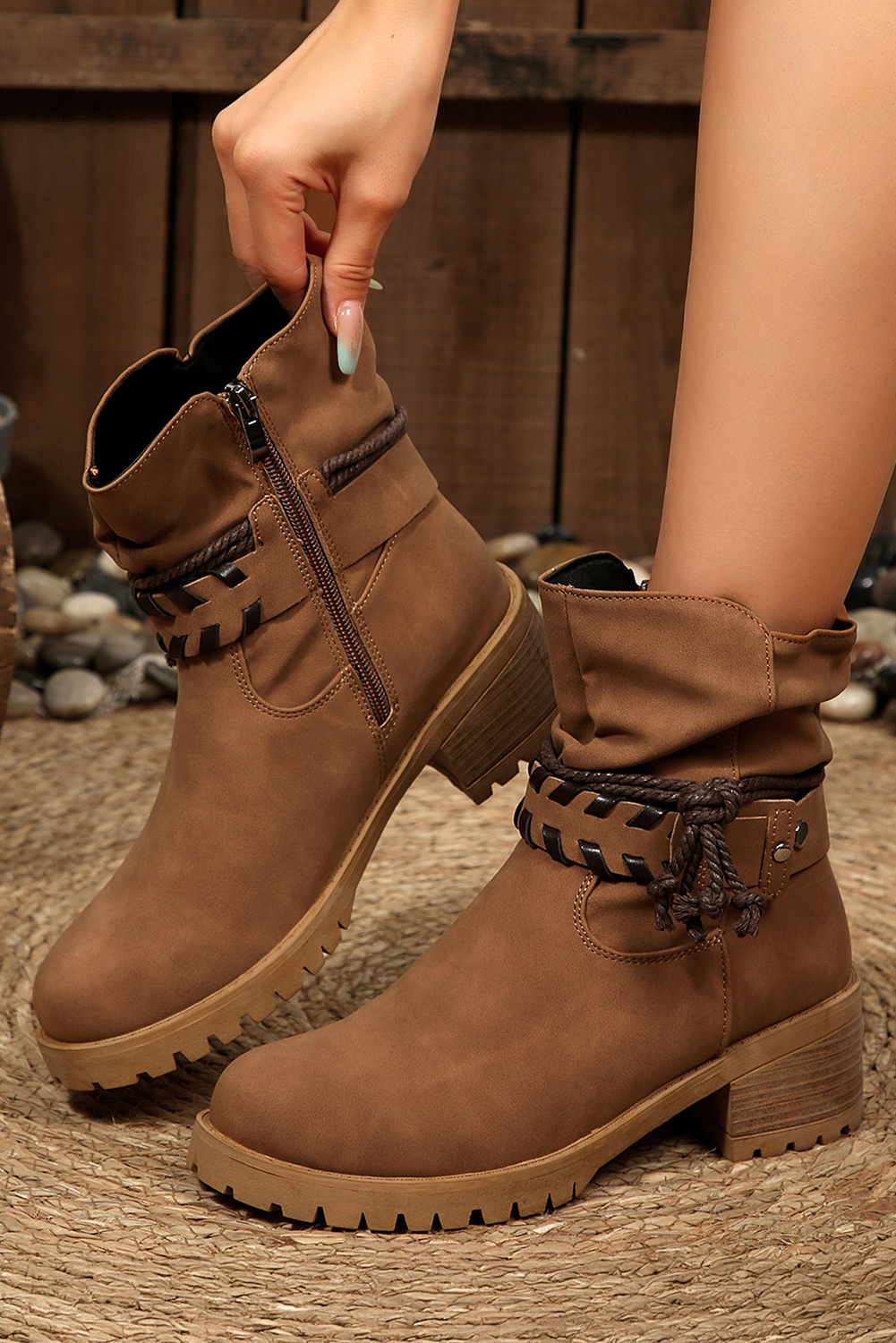 Chestnut Faux Suede Contrast Rope Detail Side Zip Boots - loveforevers