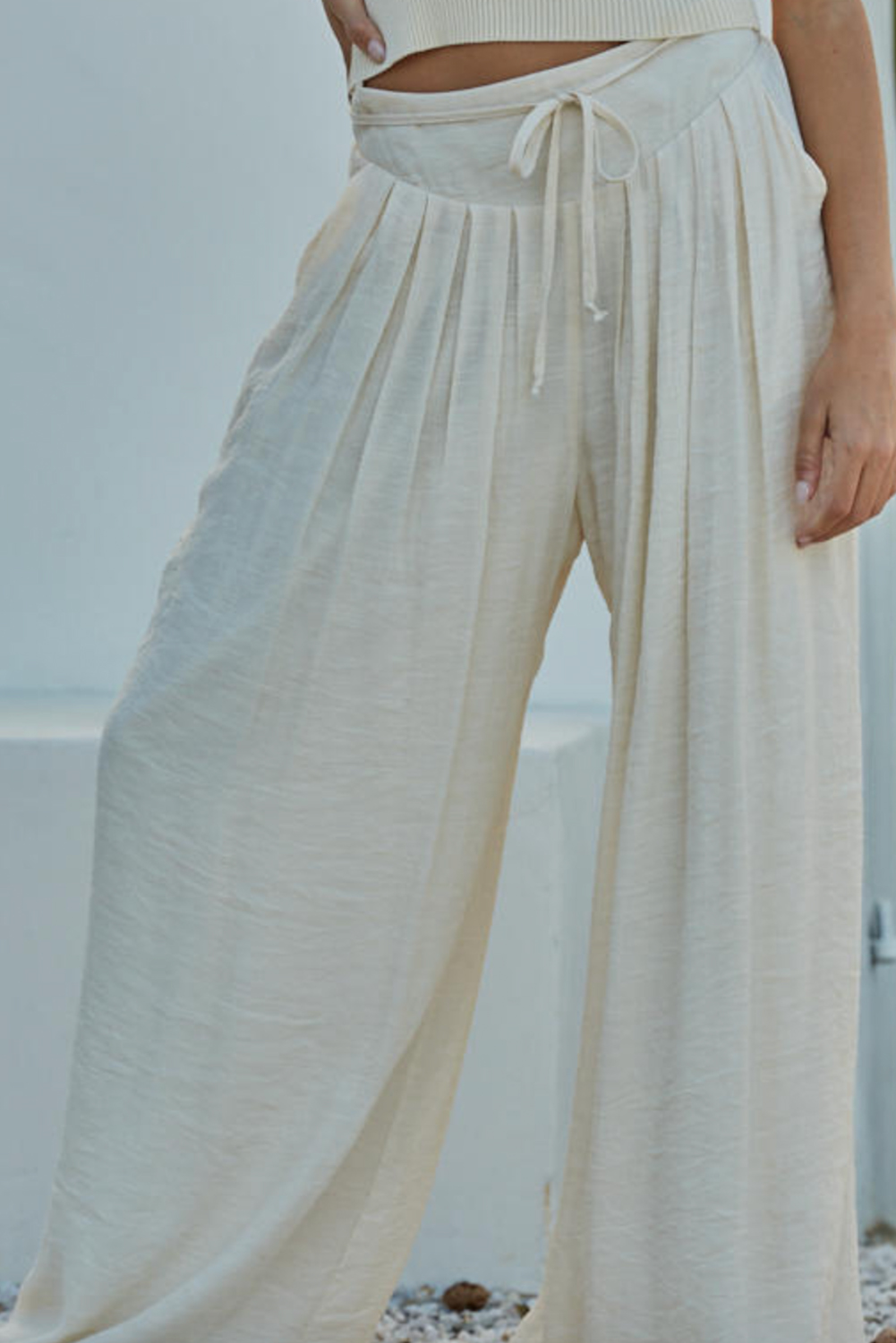 White Solid Drop Waist Pleated Wide Leg Casual Pants - loveforevers