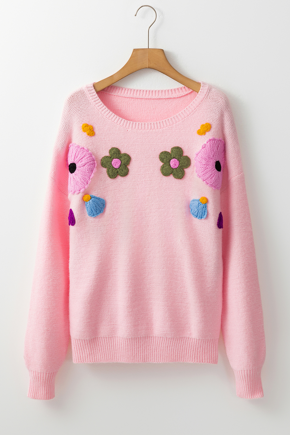 Pink Knitted Flower Pattern Ribbed Edge Sweater - loveforevers