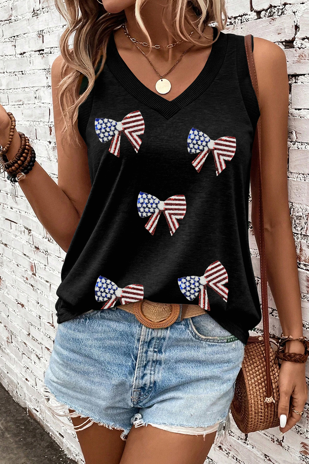 Black Flag Inspired Sequin Bow Patched V Neck Tank Top - loveforevers