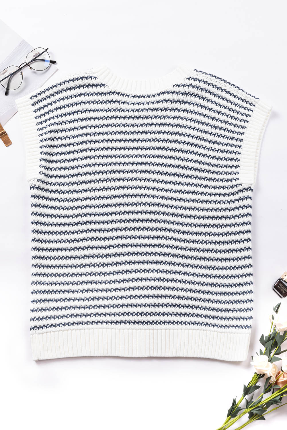 Blue Stripe Ribbed Trim Loose Fit Knitted Sweater Vest - loveforevers