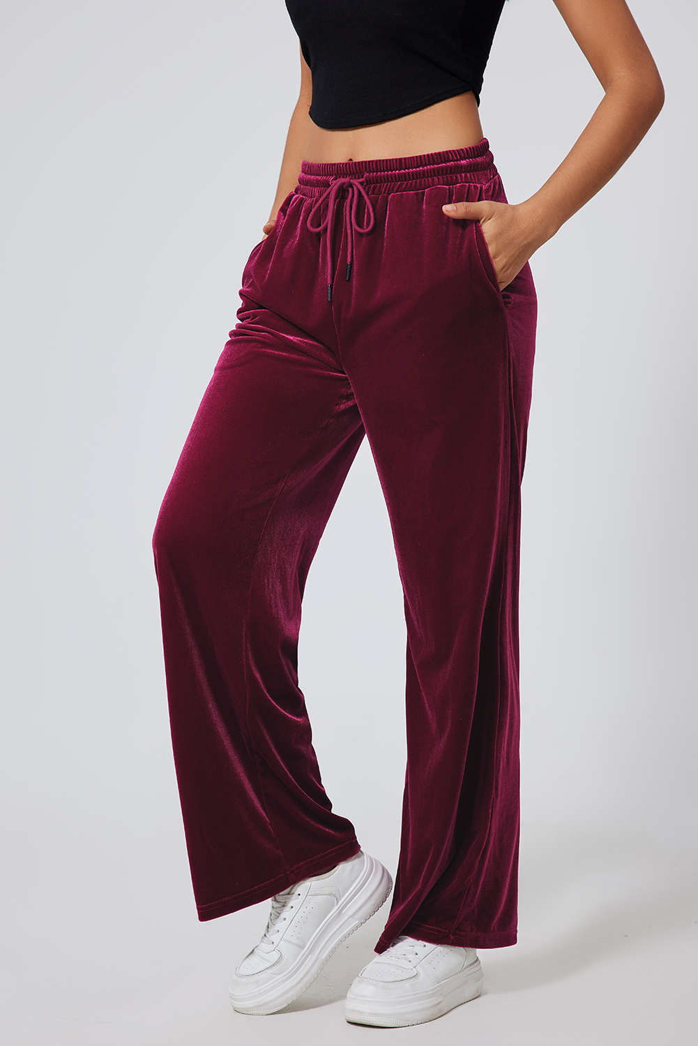 Evergreen Solid Drawstring Waist Wide Leg Pants - loveforevers
