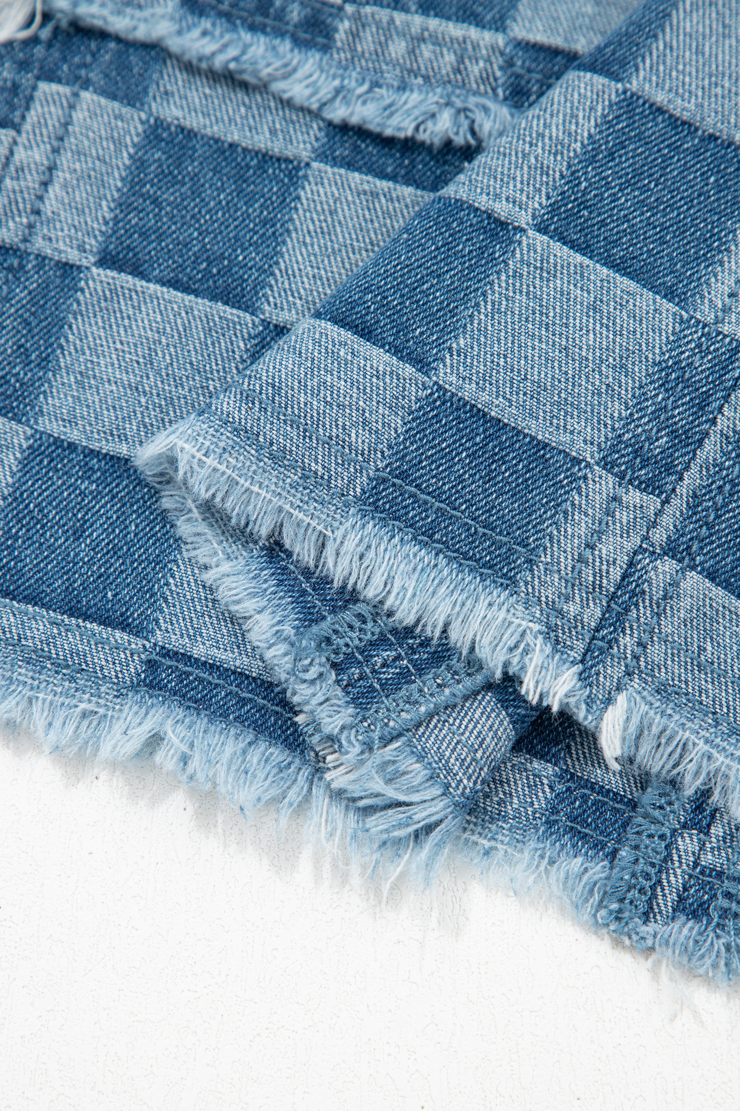 Sky Blue Frayed Hem Checkered Denim Mini Dress - loveforevers