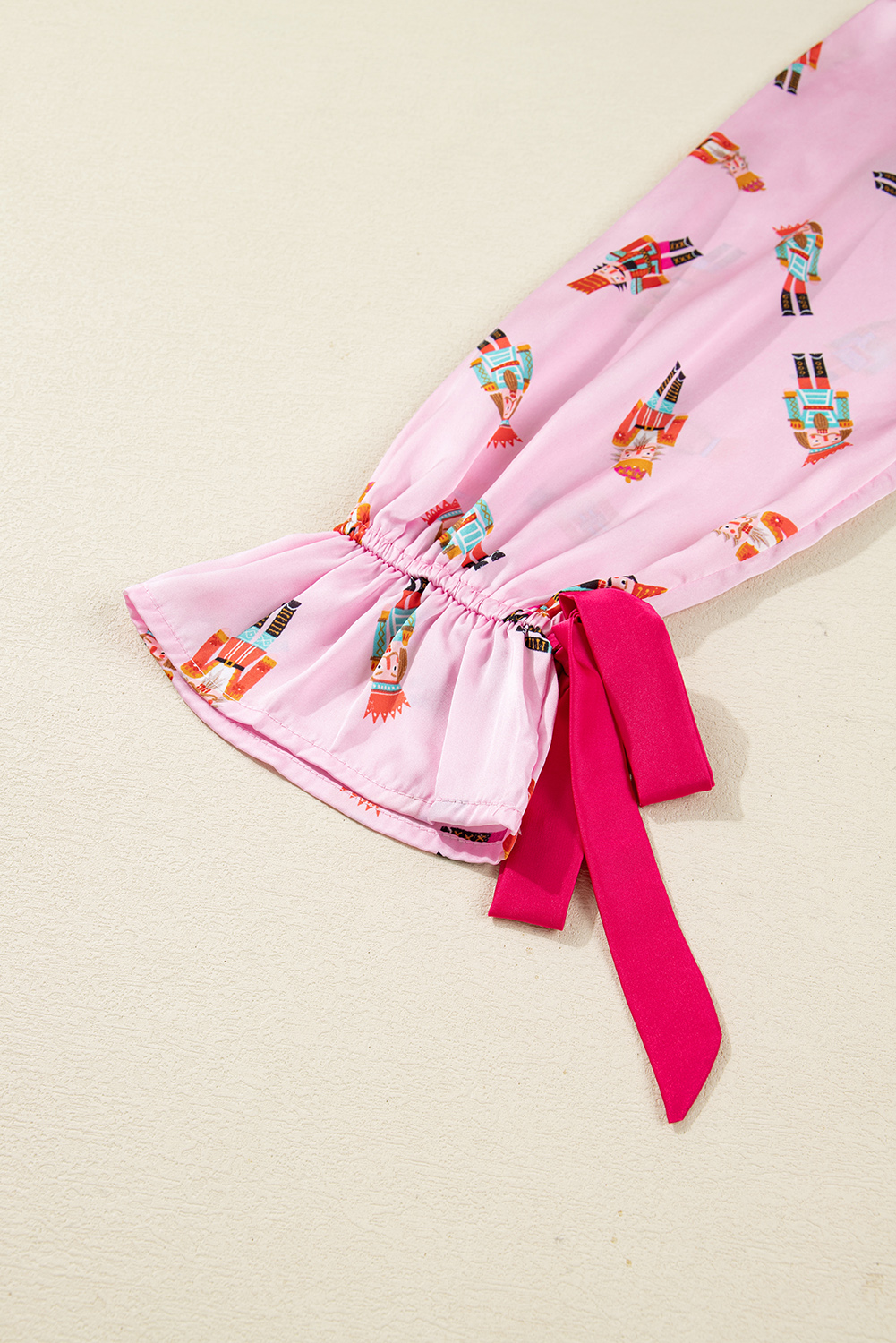 Pink Nutcracker Print Contrast Trim Tied up Bow Silky 2pcs Pajama Set - loveforevers