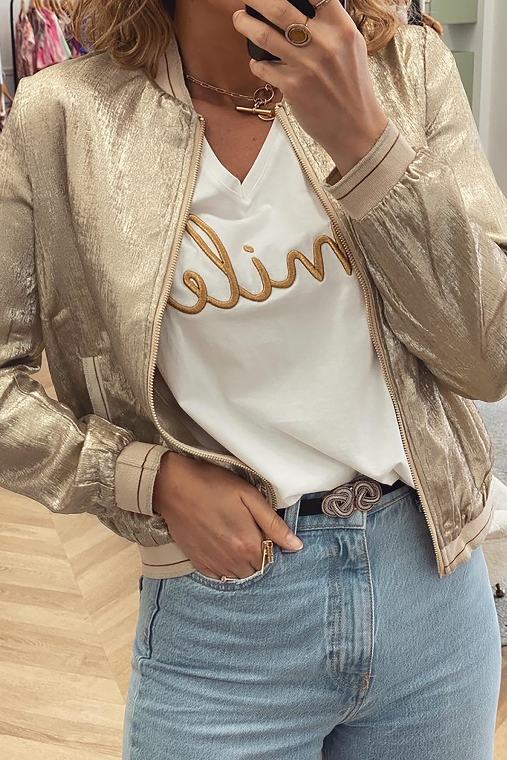 Pale Khaki Metallic Zip up Baseball Jacket - loveforevers