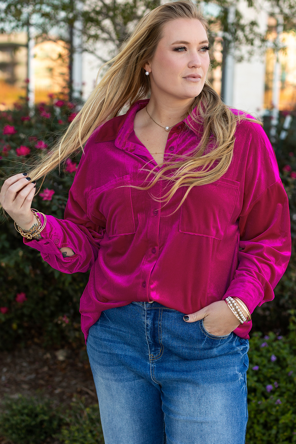 Bright Pink Plus Size Velvet Chest Pocket Drop Shoulder Shirt - loveforevers
