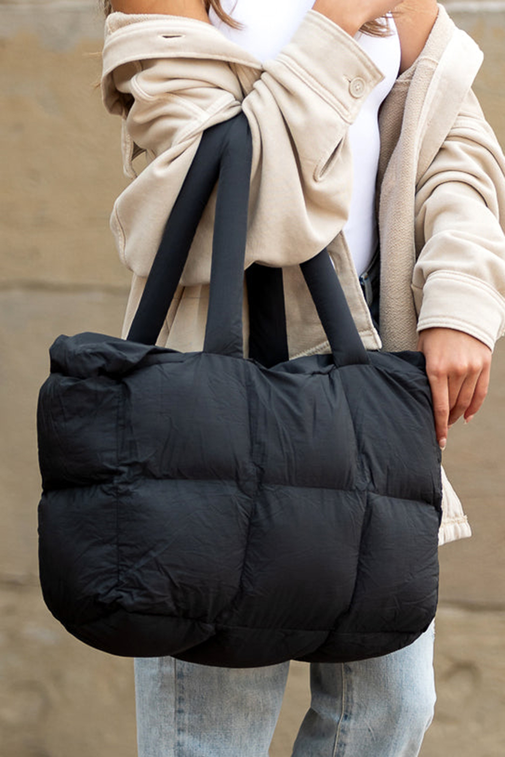 White Solid Quilted Puffy Zipped Large Tote Bag - loveforevers