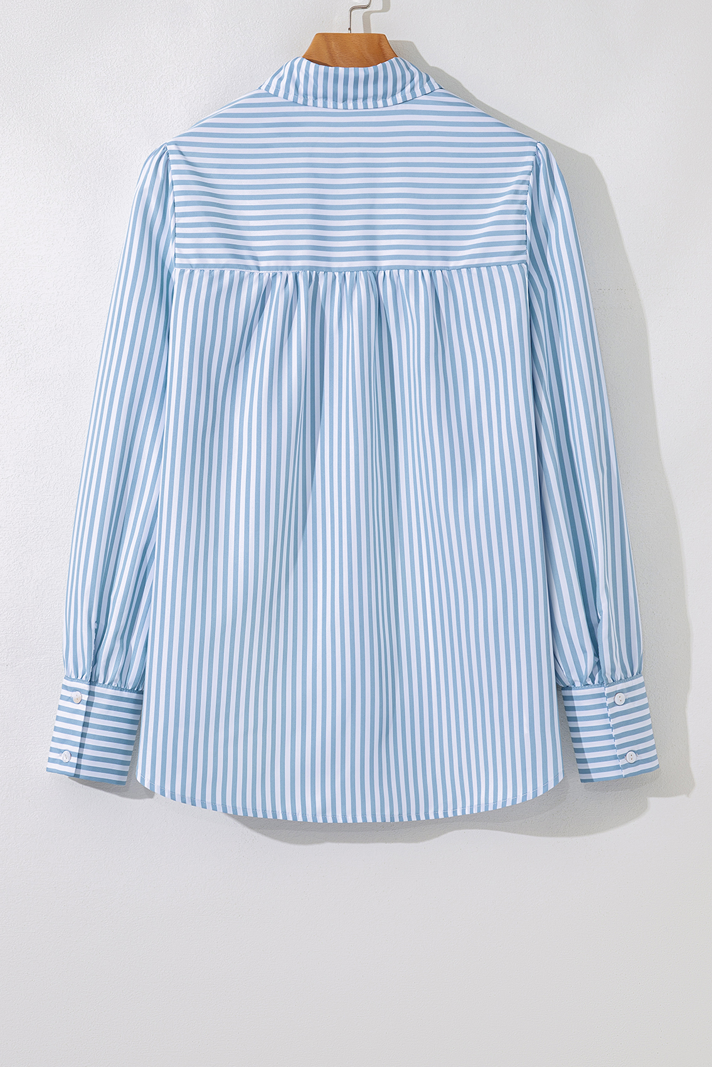 Sky Blue Stripe Shirred Detail Half Placket Collared Long Sleeve Fall Shirt - loveforevers