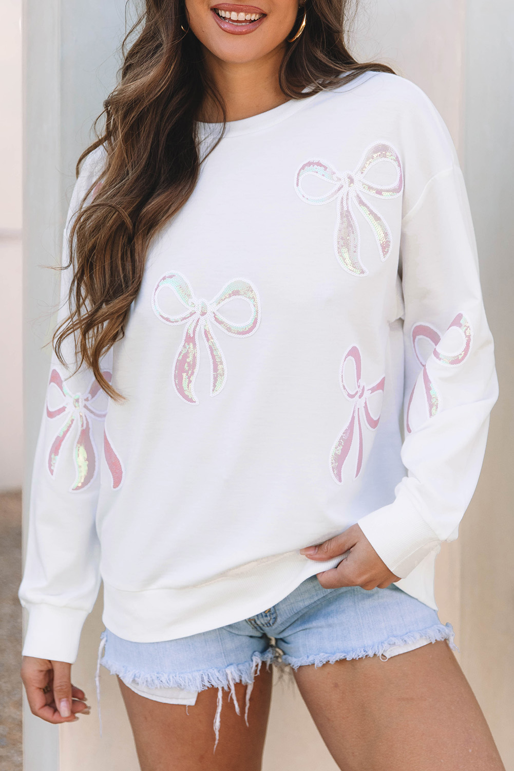 Beige Bow Valentine Drop Shoulder Loose Sweatshirt - loveforevers