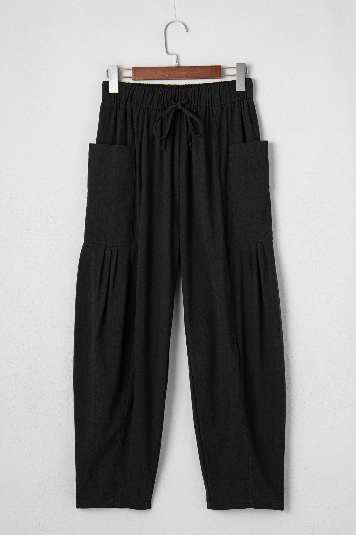 Black Drawstring Elastic Waist Patch Pocket Barrel Leg Casual Pants - loveforevers