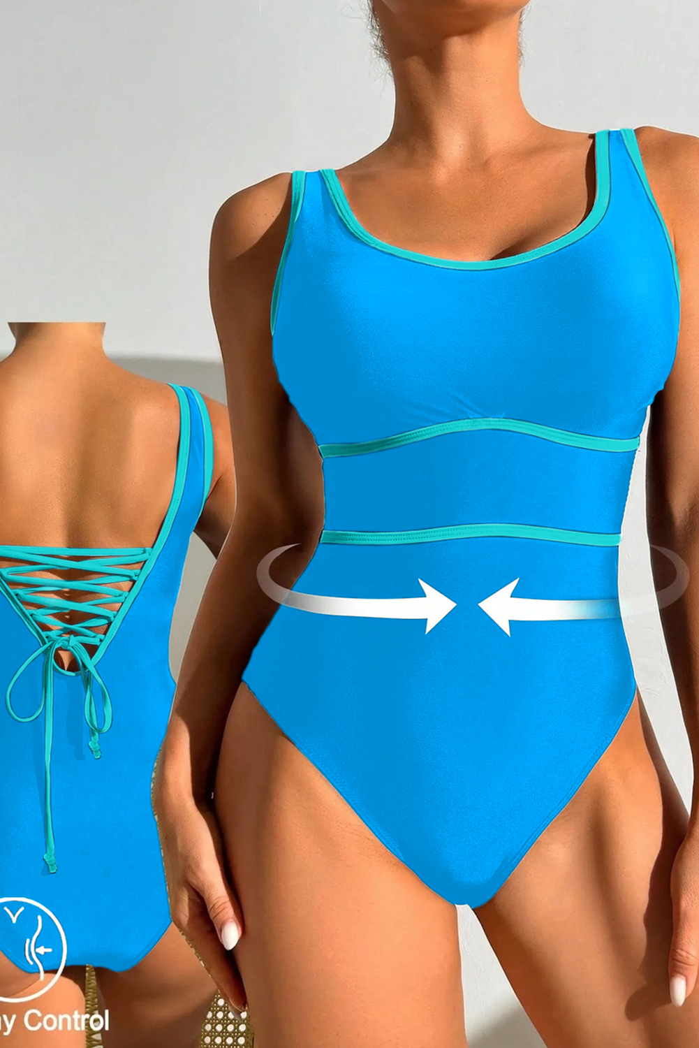 Navy Blue Contrast Trim Lace-up Back One Piece Swimsuit - loveforevers