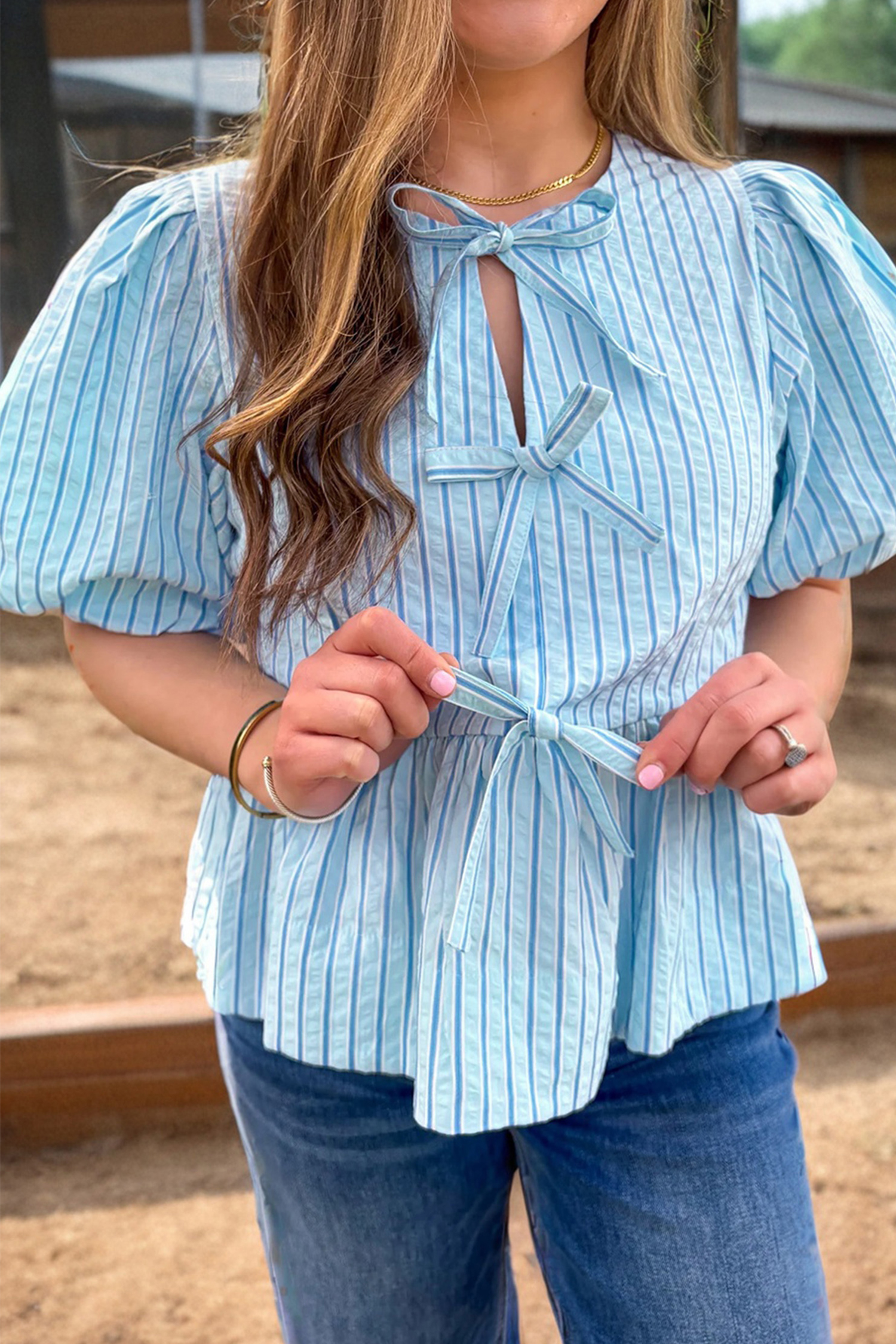 Sky Blue Stripe Bow Knot Textured Short Puff Sleeve Babydoll Blouse - loveforevers