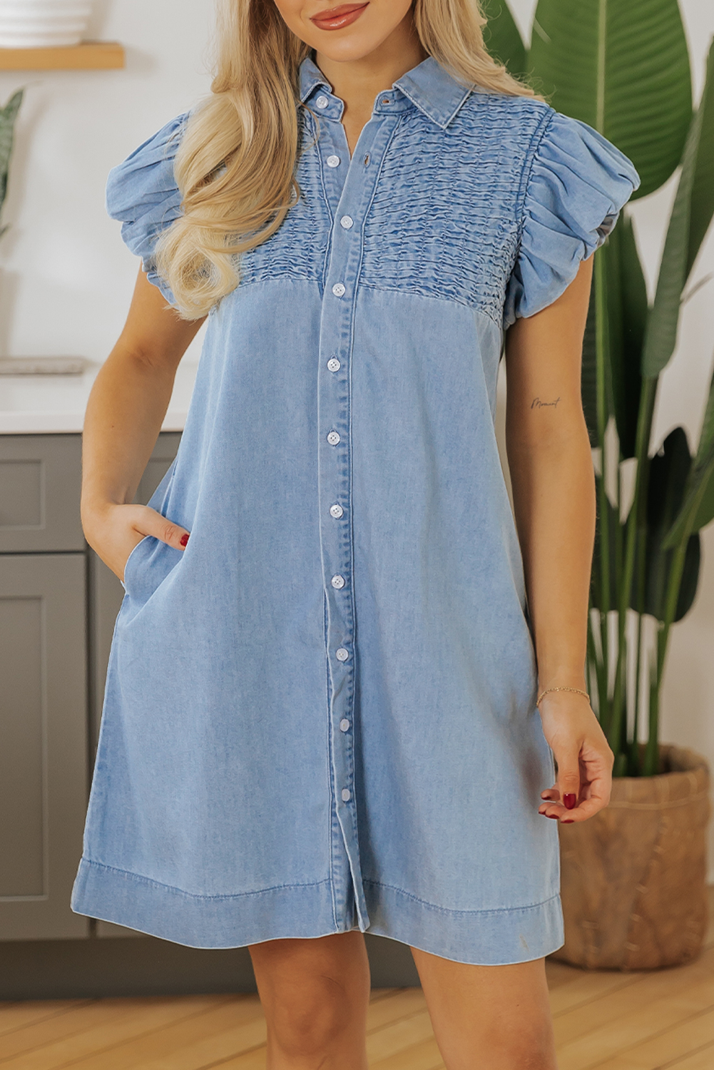 Beau Blue Flutter Sleeve Shirred Detail Button Up Denim Mini Dress - loveforevers
