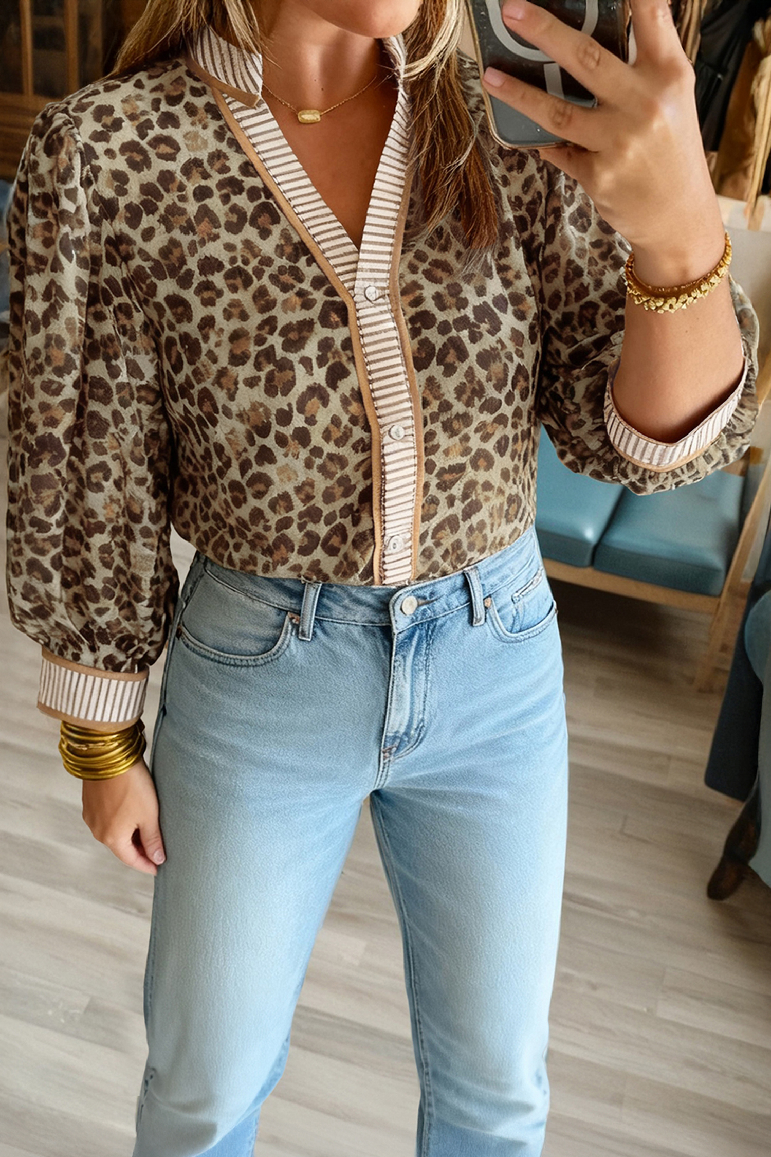 Khaki Contrast Striped Trim V Neck Leopard Shirt - loveforevers