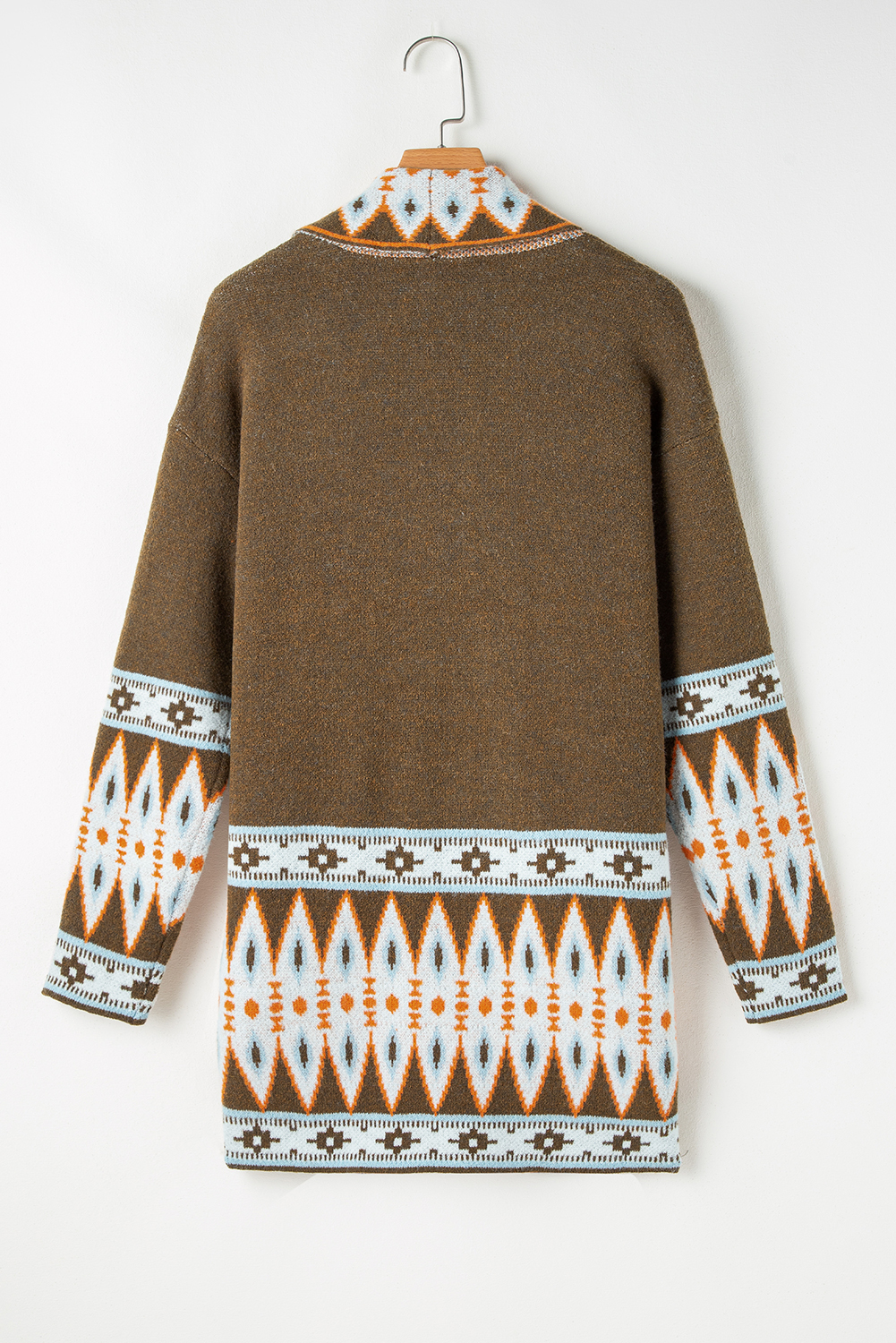 Brown Aztec Print Open Front Knitted Cardigan - loveforevers