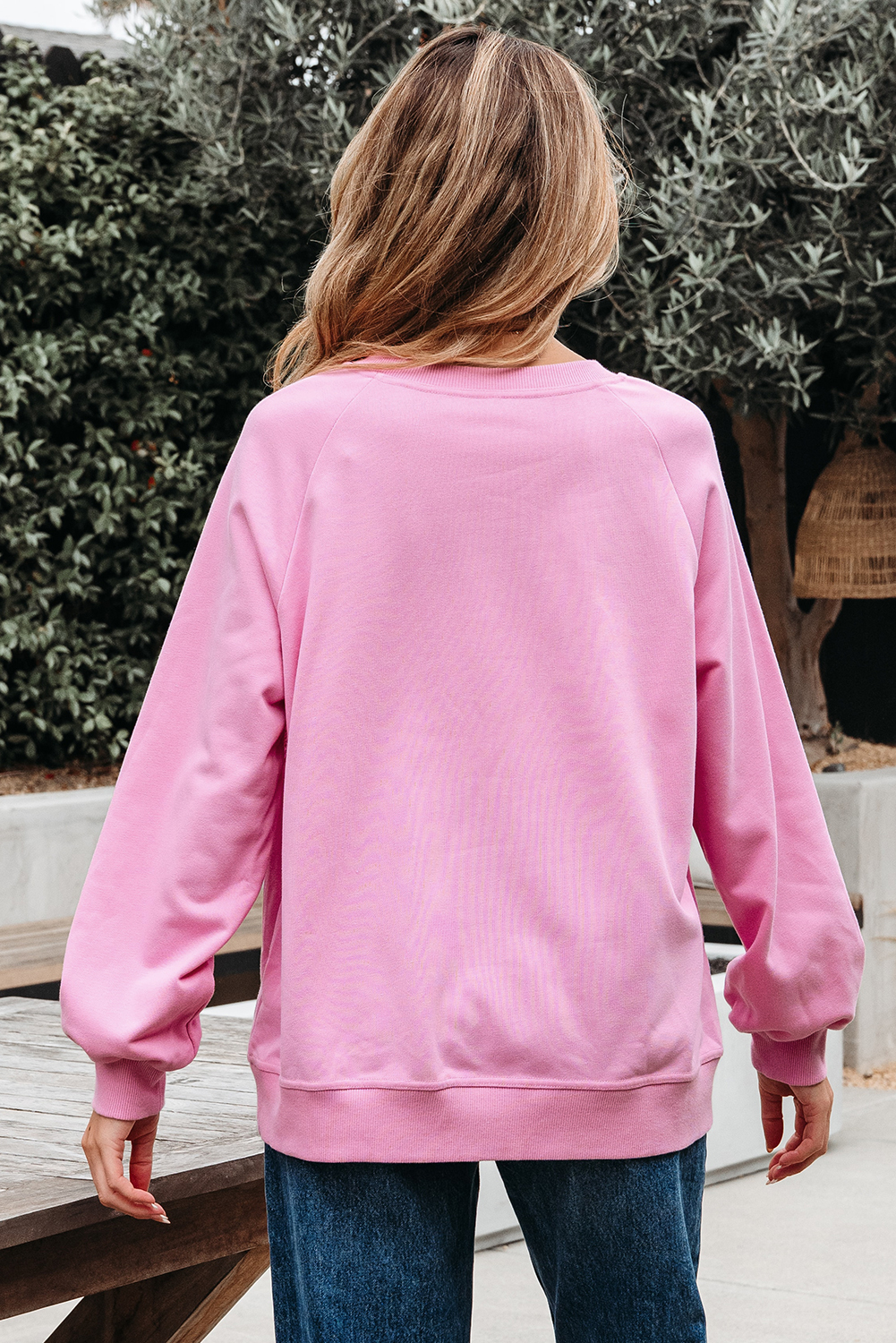Bright Pink Lace Patched Raglan Sleeve Loose Fit Sweatshirt - loveforevers