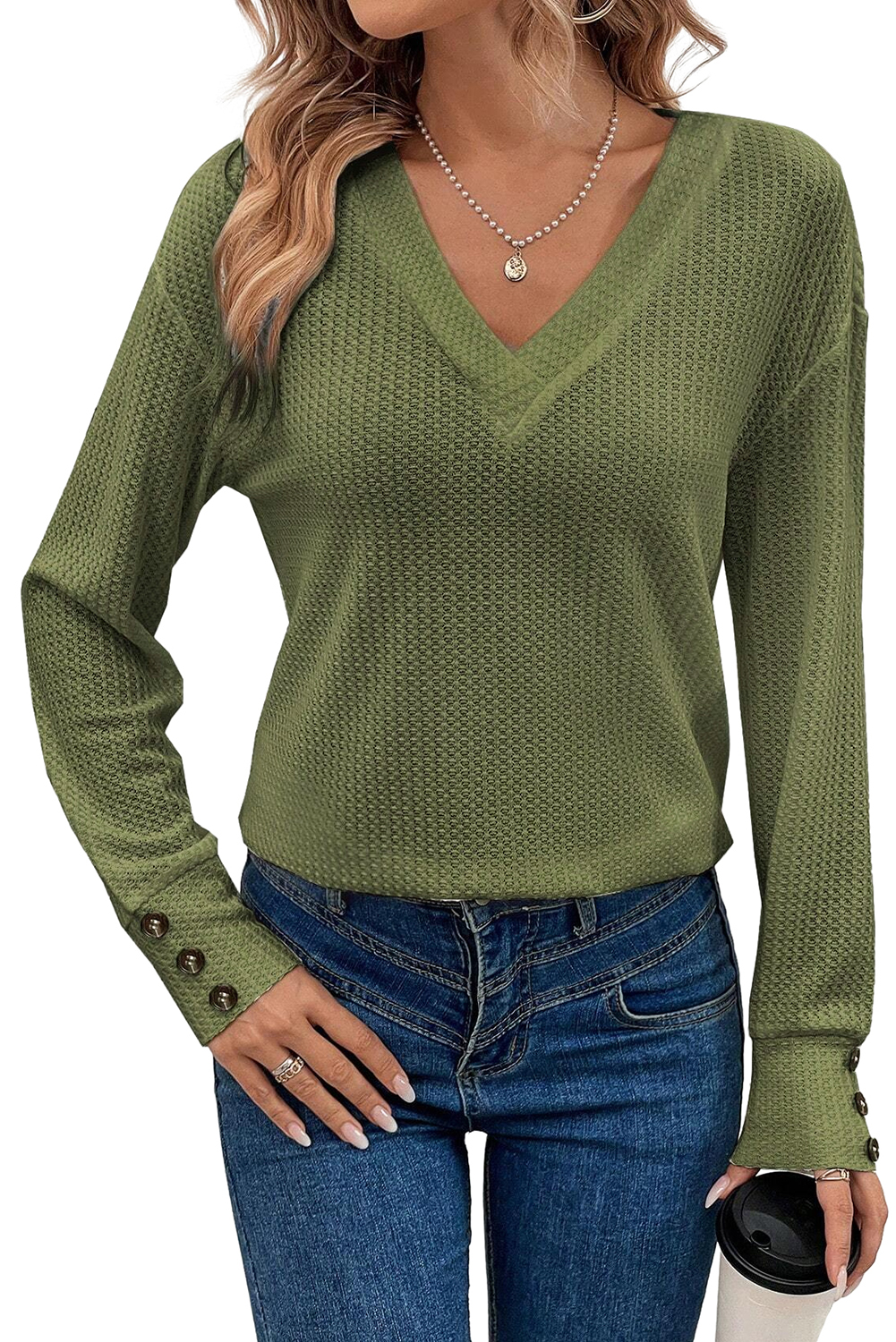 Jungle Green Textured Knit V Neck Button Cuffs Long Sleeve Top - loveforevers