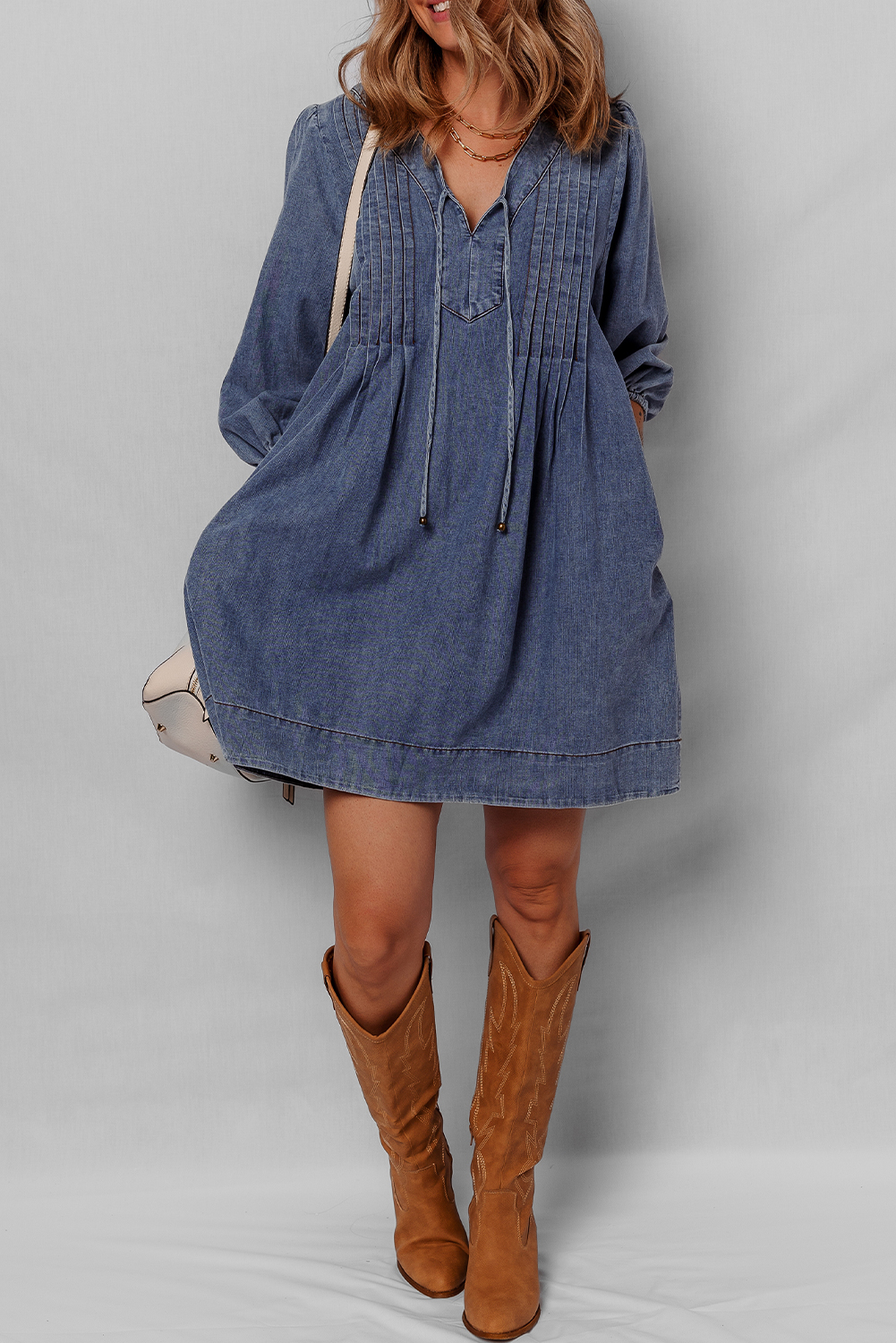 Sail Blue 3/4 Sleeve Tied V Neck Pleated Denim Mini Dress - loveforevers