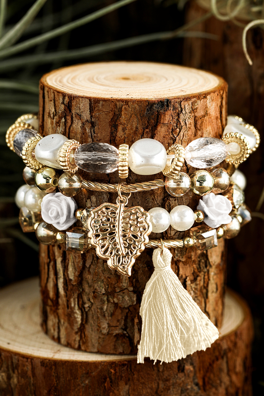 White Bohemian Rhinestone Beaded Fringed Layered Bracelet - loveforevers